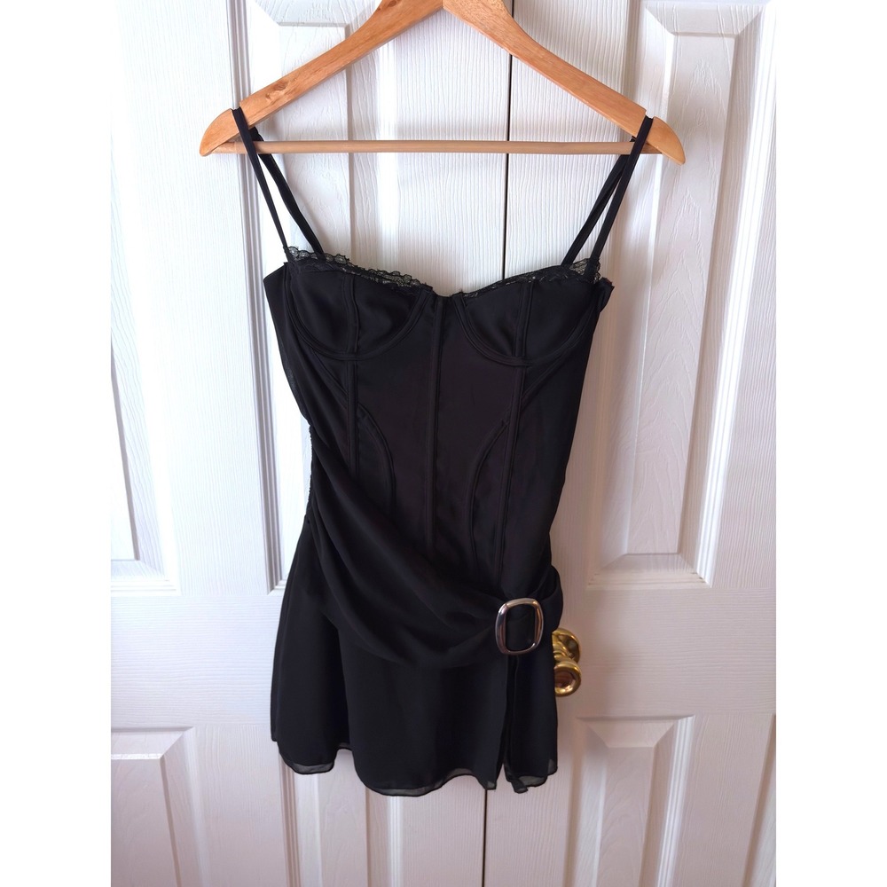 🆕 OUTCAST Soleil Black Georgette Corset Buckle Detail Club Sexy Mini Dress XS